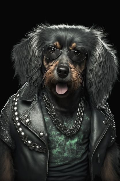 Heavy-Metal-Hundeporträt Hund als Rockstar verkleidet Lustiger Hund