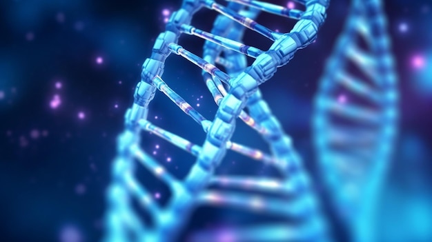Una hebra de ADN azul con luces moradas en la parte inferior.