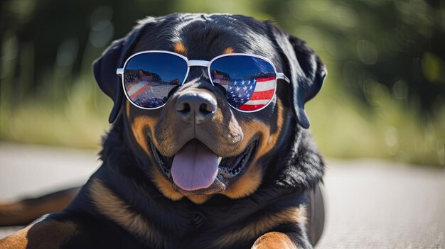 Hechelnder Rottweiler-Hund draußen mit lustiger patriotischer Sonnenbrille am 4. Juli