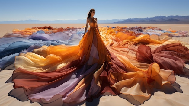 Hechicera capturada por drones con un vestido de alta costura teje la magia de la playa inspirada en Christo con un tren de tela Creado con IA generativa