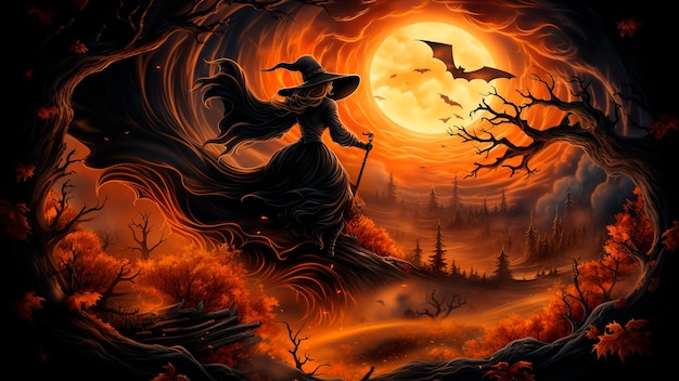 Hechicera de Halloween una bruja en el bosque encantado al atardecer naranja IA generativa