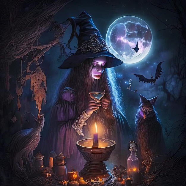 Hechicera mágica de la tierra de fantasía elabora poción mágica halloween