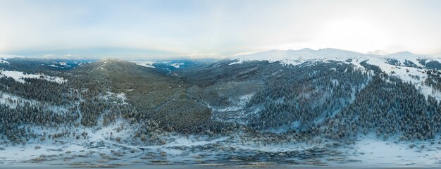 Hechizante hermoso panorama de montañas y colinas cubiertas de abetos en un día nublado de invierno