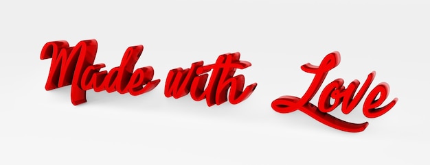 Hecho con amor. Una frase caligráfica. Logotipo 3d en el estilo de la caligrafía de la mano sobre un fondo uniforme blanco con sombras. Representación 3D.