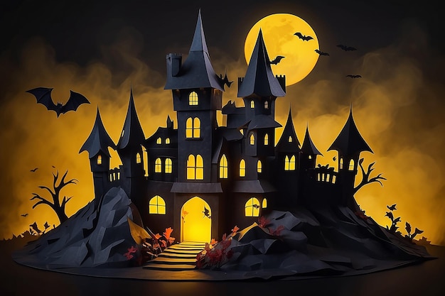 Foto hecho a mano en el tema de halloween un castillo con ventanas rojas y murciélagos en un fondo amarillo brillante de espacio kopi