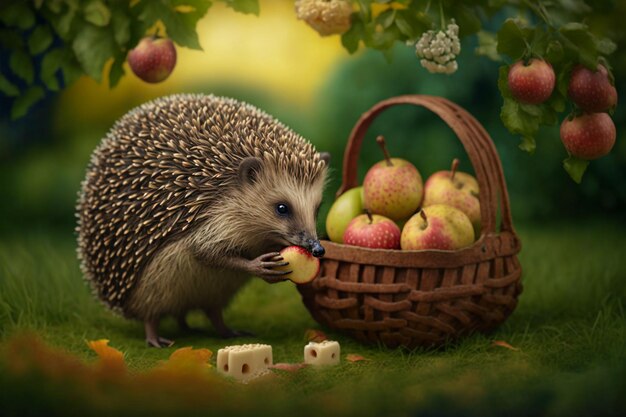 Hedgehog coleta maçãs no jardim em uma ilustração de cesta Generative AI