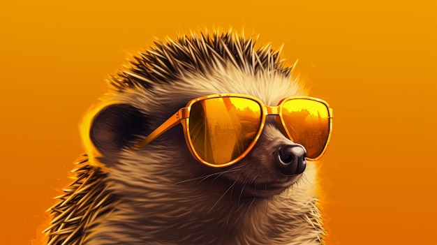 Hedgehog engraçado usando óculos de sol em fundo amarelo arte digital facetada