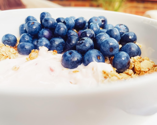 Heidelbeer-Joghurt-Müslischale als gesundes Frühstück und Morgenmahlzeit, süße Speisen und Bio-Beerenobstdiät und -ernährung