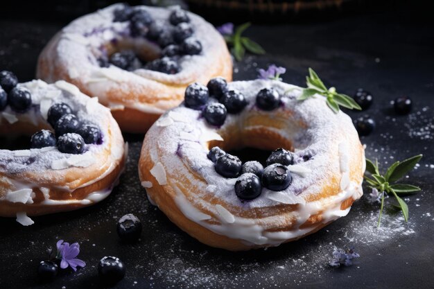 Heidelbeer-Quark-Kränze, Gebäck-Dessert-Makro-Nahaufnahme, traditionelle hausgemachte Bäckerei