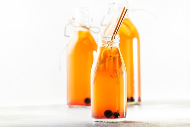 Heidelbeeren Cranberries fermentierter roher Kombucha mit Ingwer und Zitronentee trinkfertig in der Flasche mit umweltfreundlichem Stroh