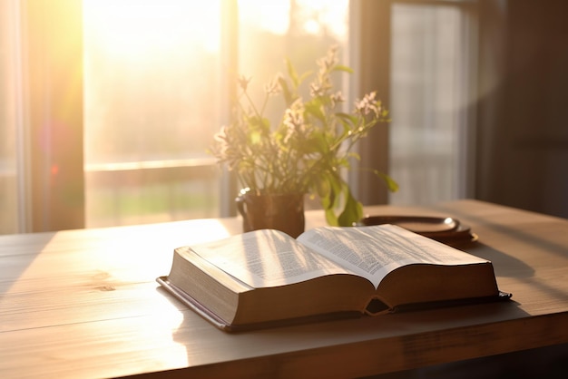 Heilige Bibel auf einem Holztisch mit sanftem Morgensonnenlicht, erstellt mit generativen KI-Tools