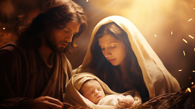 Heilige Familie im göttlichen Licht hält den kleinen neugeborenen Jesus in den Armen in der Scheune bei Sonnenuntergang
