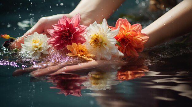 Heiliges Blumenritual Mädchenhände im Wasser