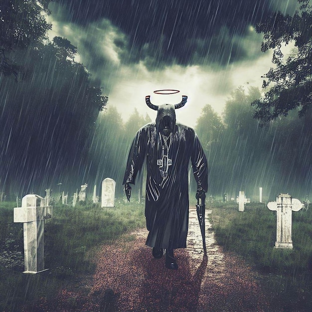 Heiliges Rätsel Der realistische Weg eines bösen Teufelspriesters durch einen regnerischen Friedhof im Wald