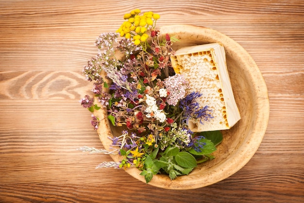 Heilkräuter und Blumen Kräutermedizin Draufsicht horizontal