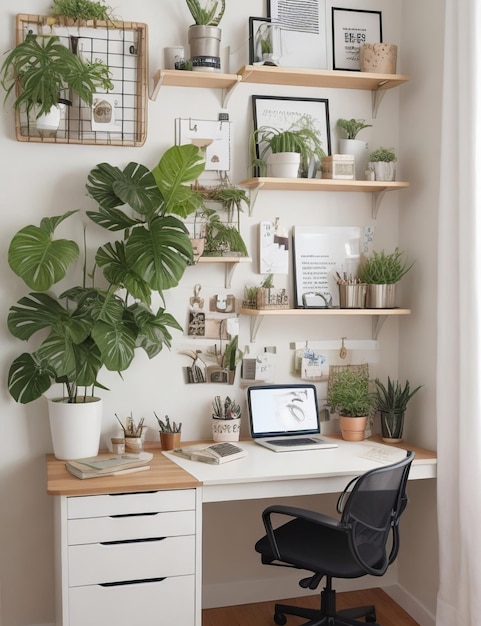 Heimarbeitsraum mit Pflanzen und Bürokunst