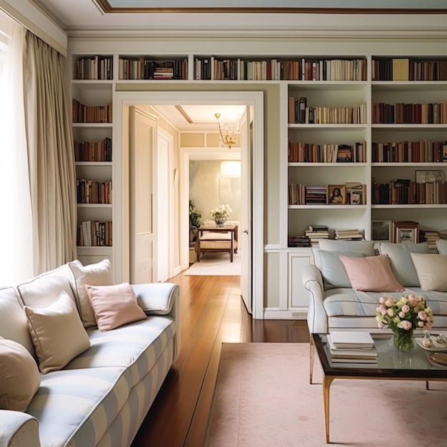 Heimbibliotheksdekor, Wohnzimmer und Innenarchitektur, weißes Wohnzimmer mit Sofa, Bücherregal und Bücherregalen im englischen Landhaus und elegantem, generativem Landhausstil