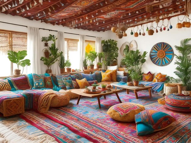 Foto heiminterieur mit boho-ethnischer dekoration ai generiert