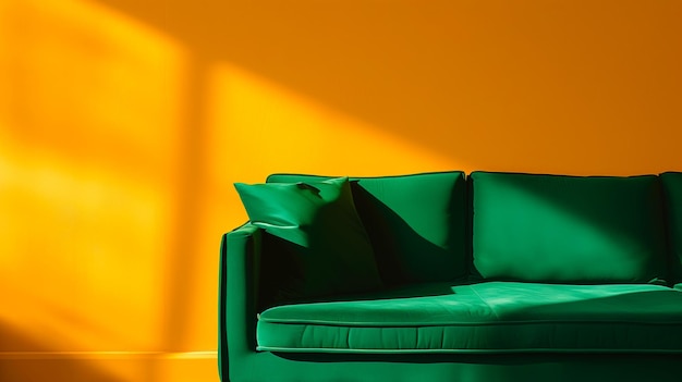 Heiminterieur-Mockup mit grünem Sofa über gelber Wand mit langen Schatten Wohnzimmerdekoration