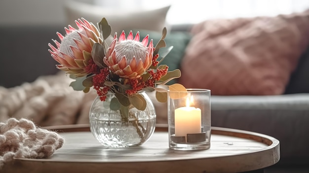 Heimkomposition mit Protea-Blume auf verschwommenem Hintergrund, generative KI