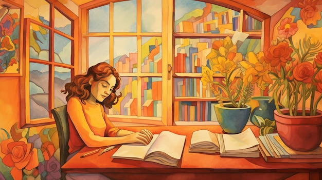Heimstudie eines Mädchens im gelben Hemd, das am Tisch auf dem Bücherregal sitzt, Bildung, Stockbilder