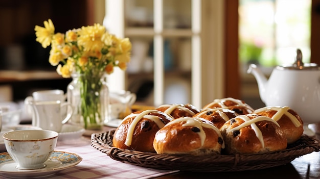 Heiße Kreuzbrötchen im englischen Landhaus Karfreitag, religiöser Feiertag und Inspiration für Rezepte der britischen Küche