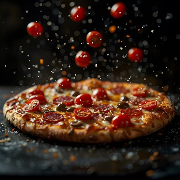 Heiße, leckere Pizza mit Salami, Oliven und Tomaten, die in der Luft schwimmen