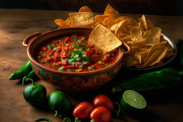 heiße mexikanische salsa mit chips, limetten und paprika an der seite