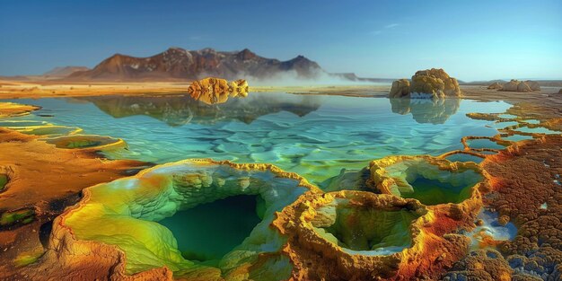 heiße mineralisierte Quellen mit farbenfrohen Sedimenten in einem vulkanischen Becken
