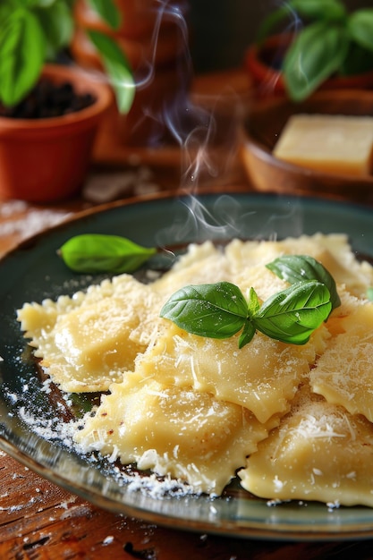 Foto heiße ravioli-pasta mit parmesan-käse und frischen basilikumblättern, die auf einem rustikalen teller serviert werden