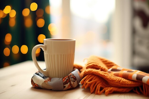 Foto heiße schokolade in einer togo-tasse mit einem warmen schal, der um sie herum gewickelt ist