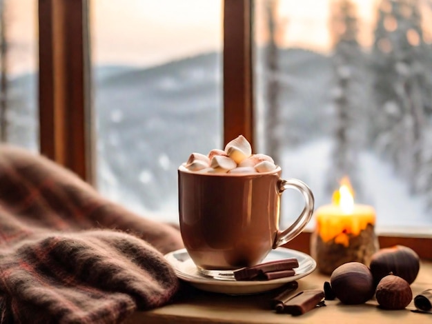 Foto heiße schokolade marshmallows mit kuchen eine warme decke und eine kerze auf der fensterbank von der