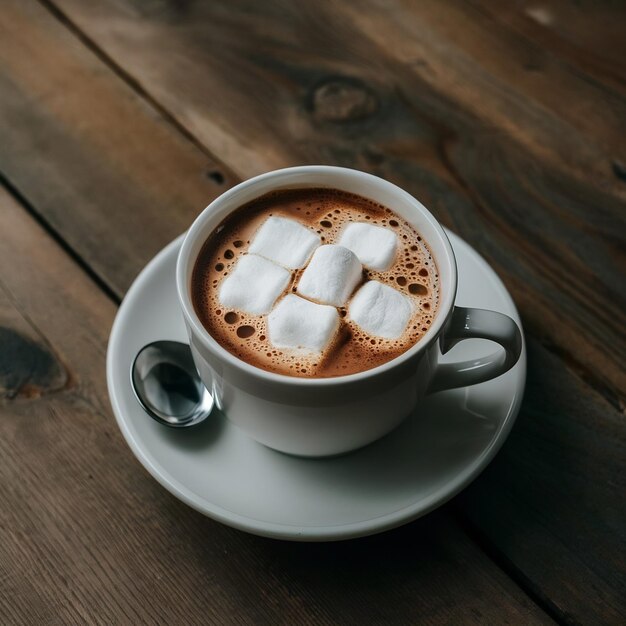 Heiße Schokolade mit Marshmallows in einem Keramikbecher auf einem braunen Holztisch