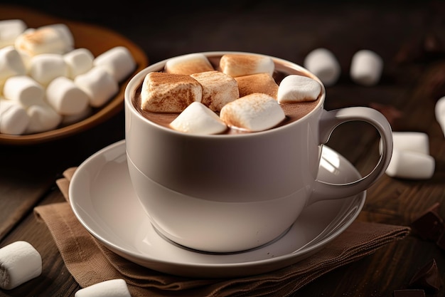 Heiße Schokolade mit Marshmallows und Zimt auf einem Teller im Hintergrund, erstellt mit generativer KI