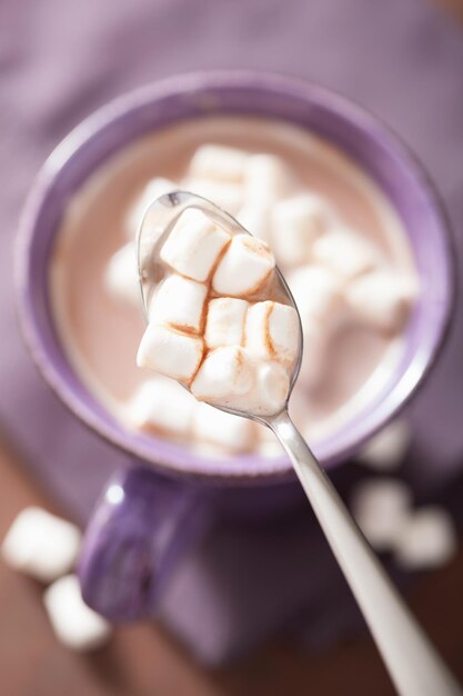 Foto heiße schokolade mit mini-marshmallows im löffel