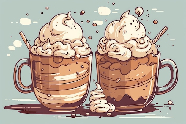 Heiße Schokolade mit Schlagsahne und Marshmallows im Cartoon-Stil, KI generiert