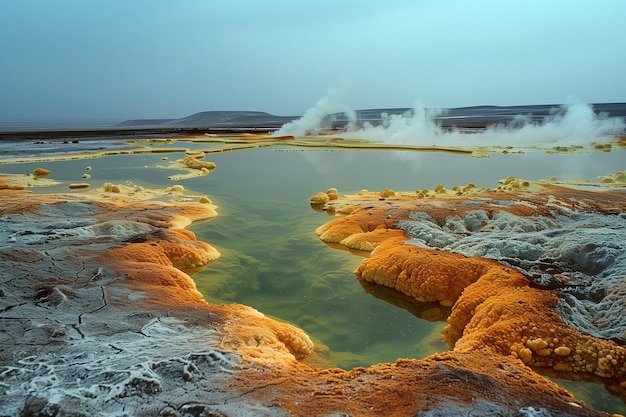 heiße Seen im Gebiet des geothermischen Wasserausgangs in der Wüste