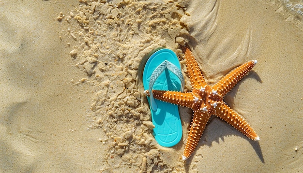 Heiße Sommer Sonnenbrille, Seestern, türkisfarbene Flip-Flops am tropischen Sandstrand