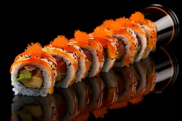 Heiße Sushi-Rollen, die mit Sojasauce serviert werden