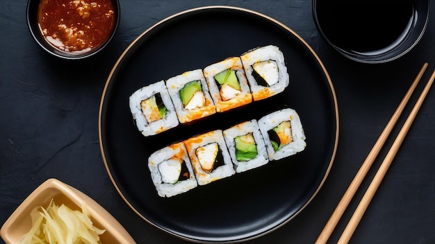 Heiße Sushi-Rollen mit Soße und Ingwer