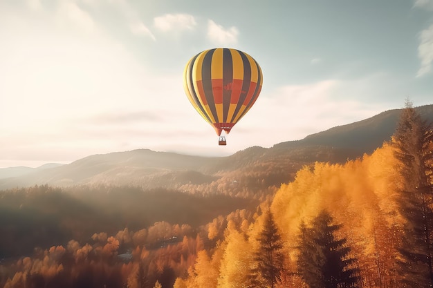 Heißer Ballon über dem Herbstwald im Sonnenlicht