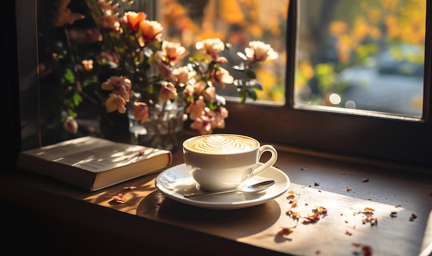 Heißer Cappuccino-Kaffee mit altem Buch und warmer Herbstdekoration auf Holzregal am Fenster Herbst