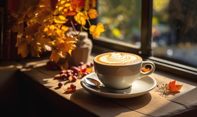 Heißer Cappuccino-Kaffee mit altem Buch und warmer Herbstdekoration auf Holzregal am Fenster Herbst