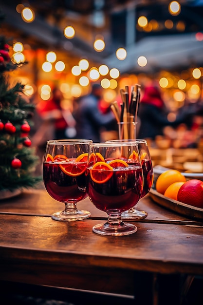 heißer Glühwein in einem Glas auf dem Weihnachtsmarkt am Abend