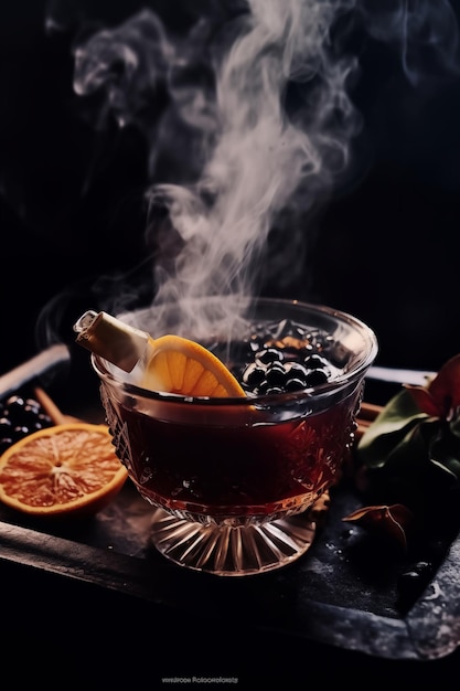 Heißer Glühwein mit Gewürzen und Orangen auf Holzgrund