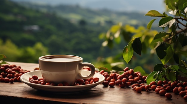heißer Kaffebecher mit organischen Kaffeebohnen auf dem Holz