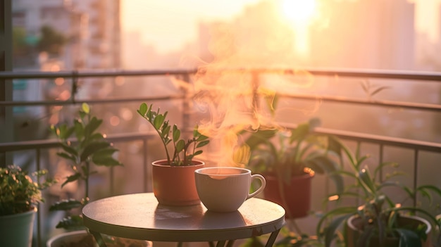 Heißer Kaffee auf dem Tisch im Freien bei Sonnenaufgang