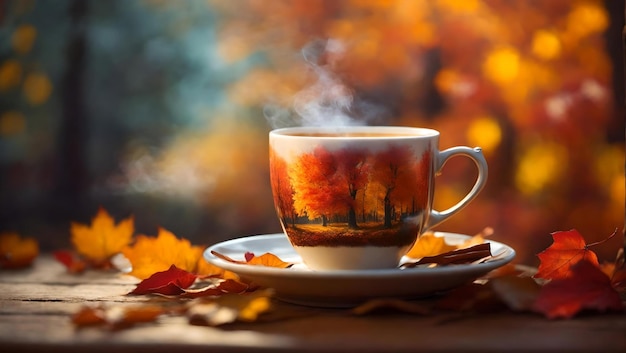 Heißer Kaffee im Garten mit einem Herbst-Hintergrund in der Herbstsaison Saisonalherbst Generative KI