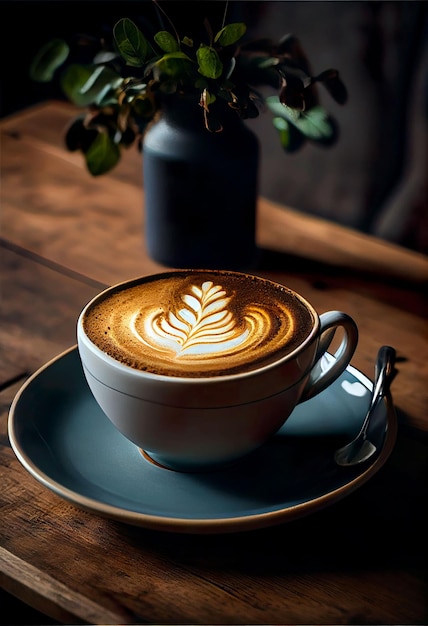 Heißer Kaffee in der Cafeteria mit Latte Art und Kopierraum. Generative KI.