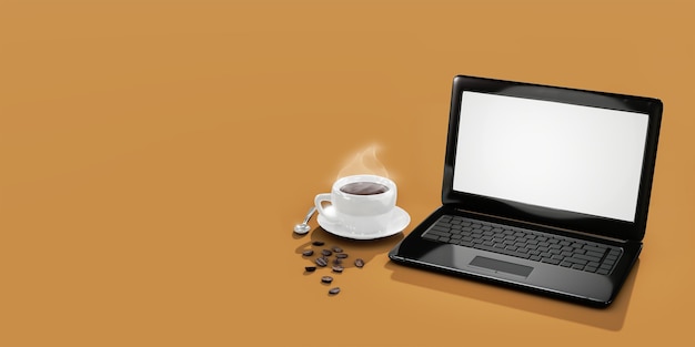 Heißer Kaffee in Tasse und Laptop mit Kaffeebohnen auf brauner Hintergrundfarbe
